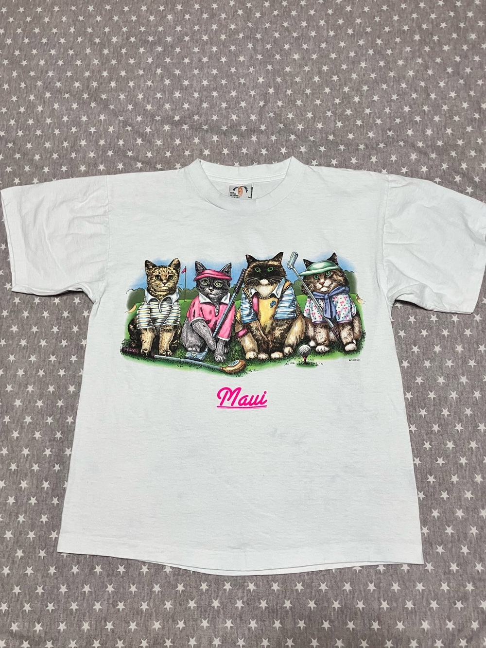 Maui Hawaii Single Stitch T-Shirt Women’s Medium White Graphic Cat Golf 90’s USA